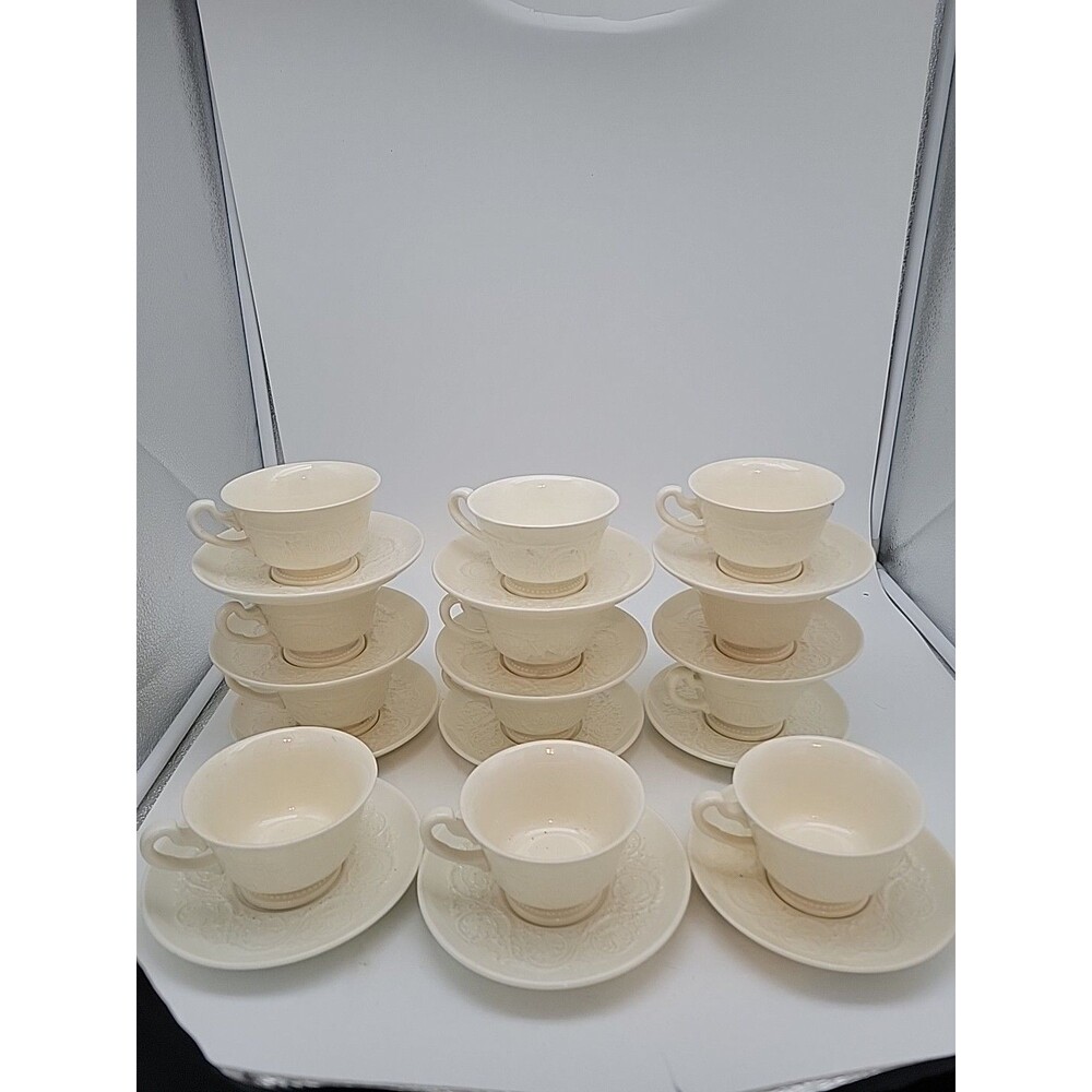 Lot 12 - Vtg Wedgewood Patrician Ivory Scroll Embossed Tea Cup & Saucer England